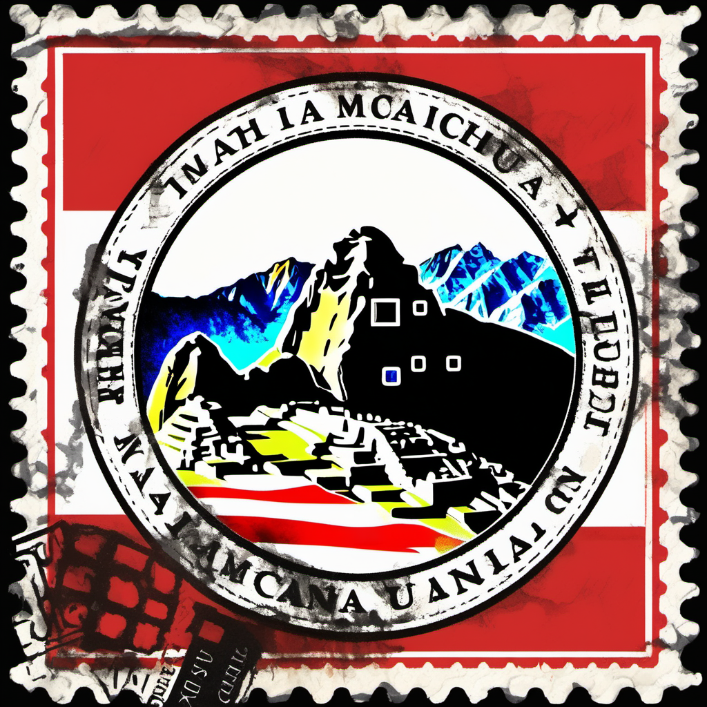 stamp with Machu Picchu Peruvian flag colours abstract