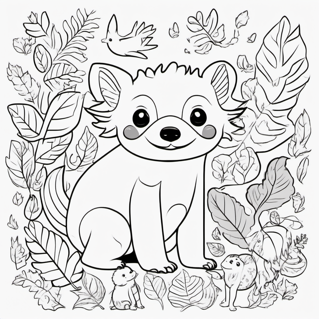 draw a colorful book cover for a coloring book for kids with cute animals dogs, 
Axolotl, birds and sloth with some leafs