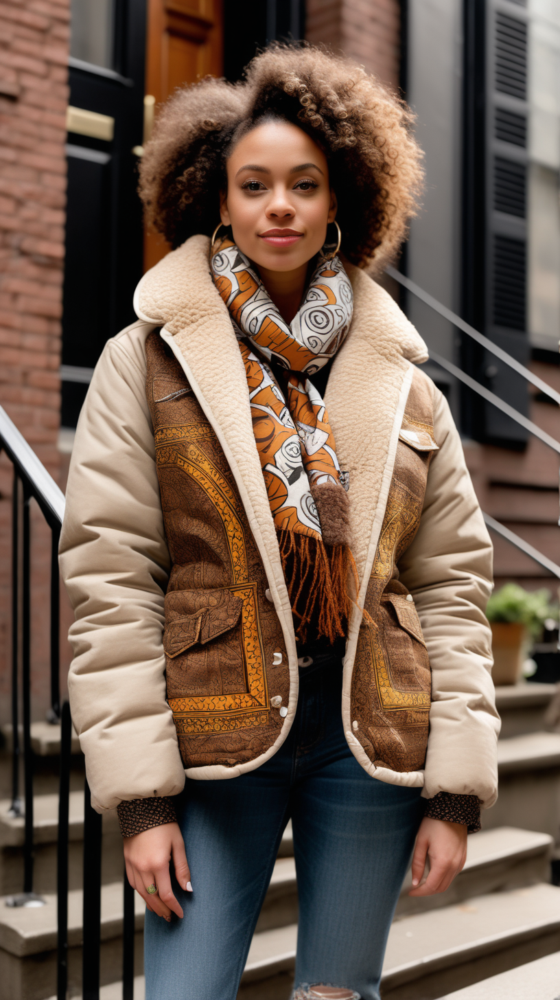 A beautiful, light skinned woman, wearing curly hair, Facing the camera, wearing an African printed scarf, wearing a Beige, Levi denim jacket reimagined into a waist length, down filled jacket, with brown fur shawl collar, African printed fabric inserted in various places, show Front, Back, and Side views, standing on the stoop of a Brownstone in Harlem NY in the background