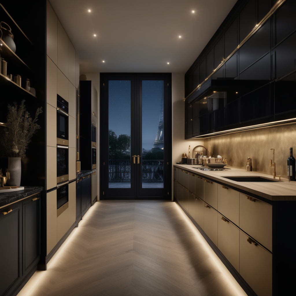a hyperrealistic image of a palitial modern Parisian 3x6 metre Galley Kitchen at night with mood lighting,  in beige, oak, black and brass 
