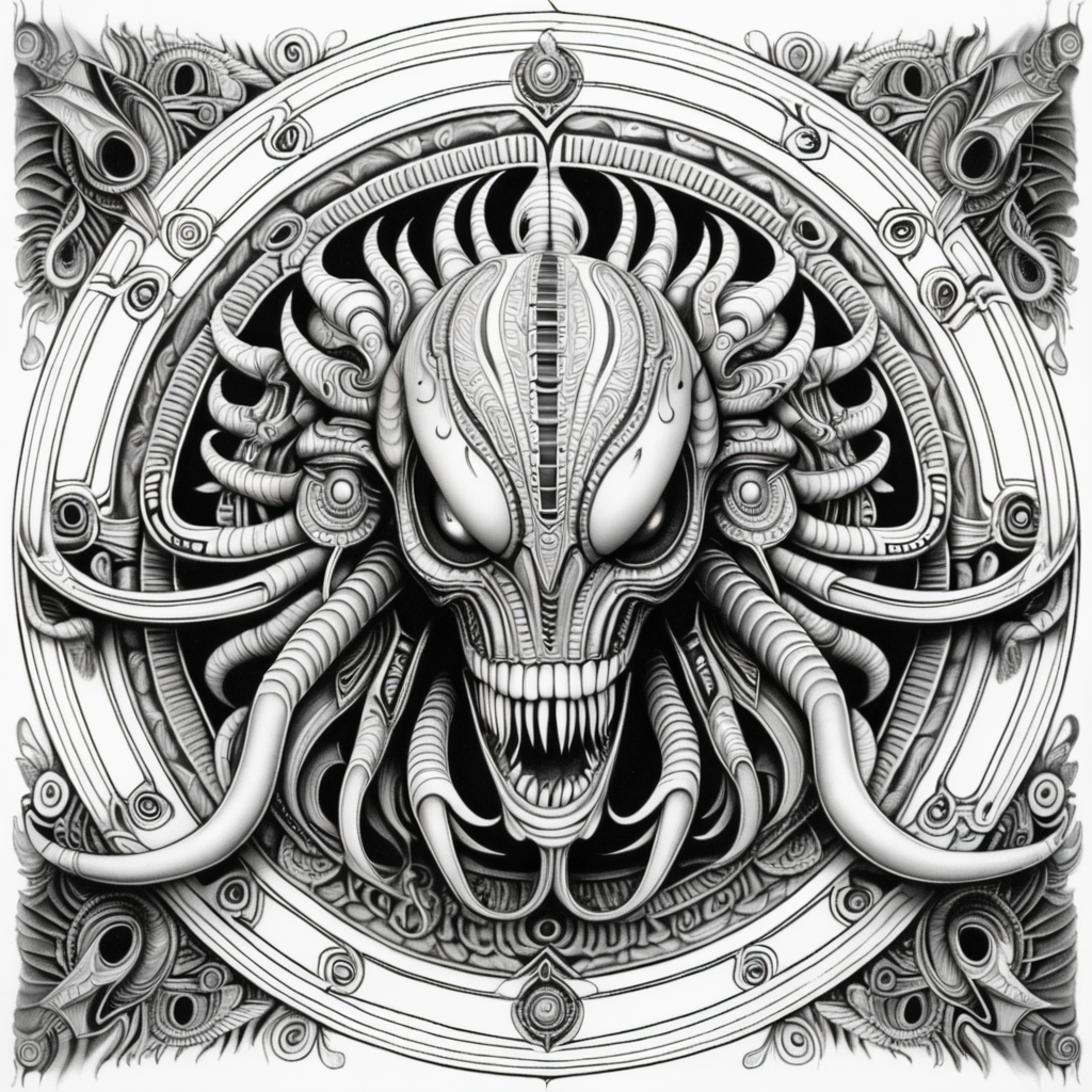 black & white, coloring page, high details, symmetrical mandala, strong lines, eye beast in style of H.R Giger