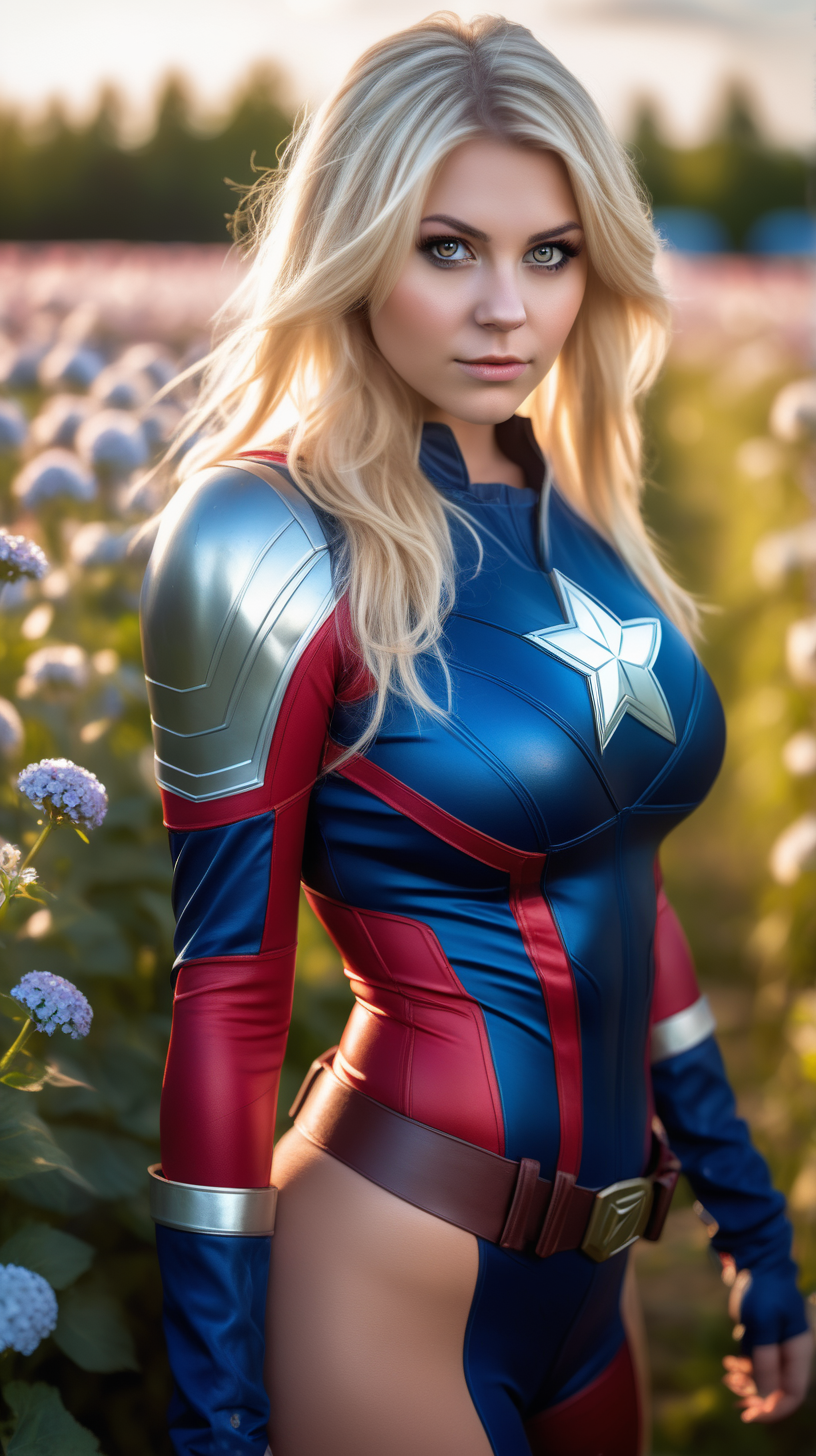 Beautiful Nordic woman, very attractive face, detailed eyes, big breasts, dark eye shadow, messy blonde hair, wearing a marvel cosplay outfit, bokeh background, soft light on face, rim lighting, facing away from camera, looking back over her shoulder, standing in a flower field, photorealistic, very high detail, extra wide photo, full body photo, aerial photo