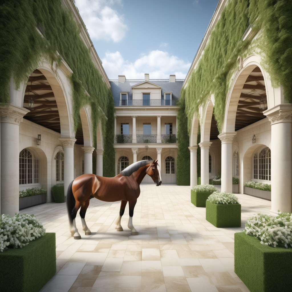 A hyperrealistic image a grand Modern Parisian etsate elegant large open horse stables with clydesdale horses, star jasmine vines limestone flooring, open to the beautiful sprawling manicured lawns