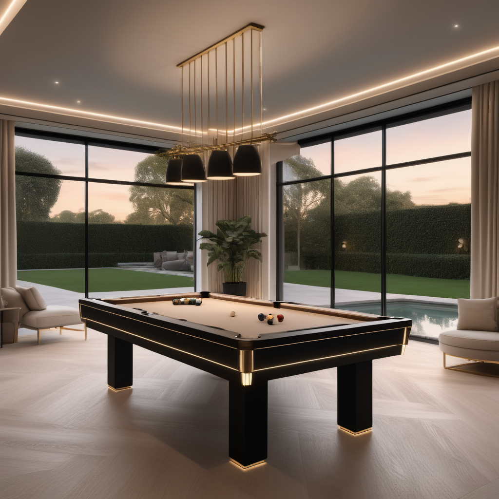 a hyperrealistic of an elegant Modern Parisian estate home pool table room at dusk with mood lighting, floor to ceiling windows with a view of  the manicured gardens , in a beige oak brass and black colour palette 
