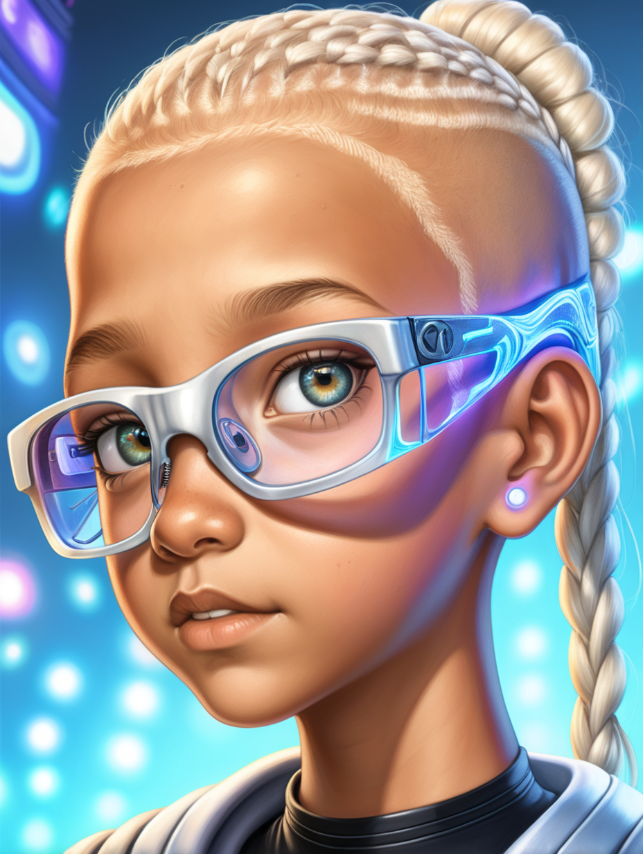 SHAVED HEAD, bleach blond, Mixed-race, 12 years old ,  large round glasses.   Her eye color is white, glazed over with cataracts The futuristic glasses are connected to her neural link technology visibly EMBEDDED in the side of her neck with blinking lights.
