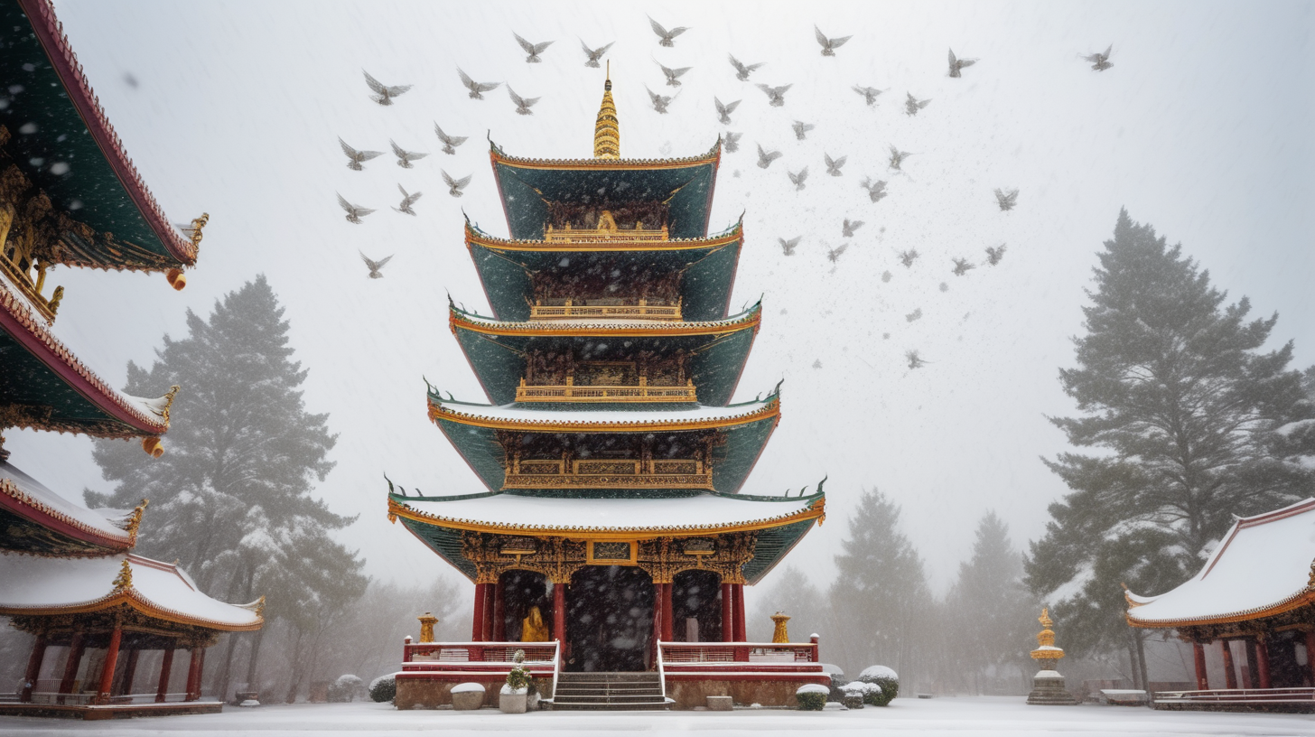Buddhist temple in winter snow storm with 3 angels flying overhead