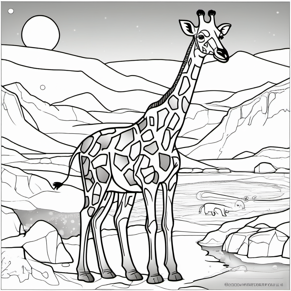 /imagine colouring page for kids, Giraffe Arctic Adventure polar bears and penguins in icy landscapes, thick lines, low details, no shading --ar 9:11