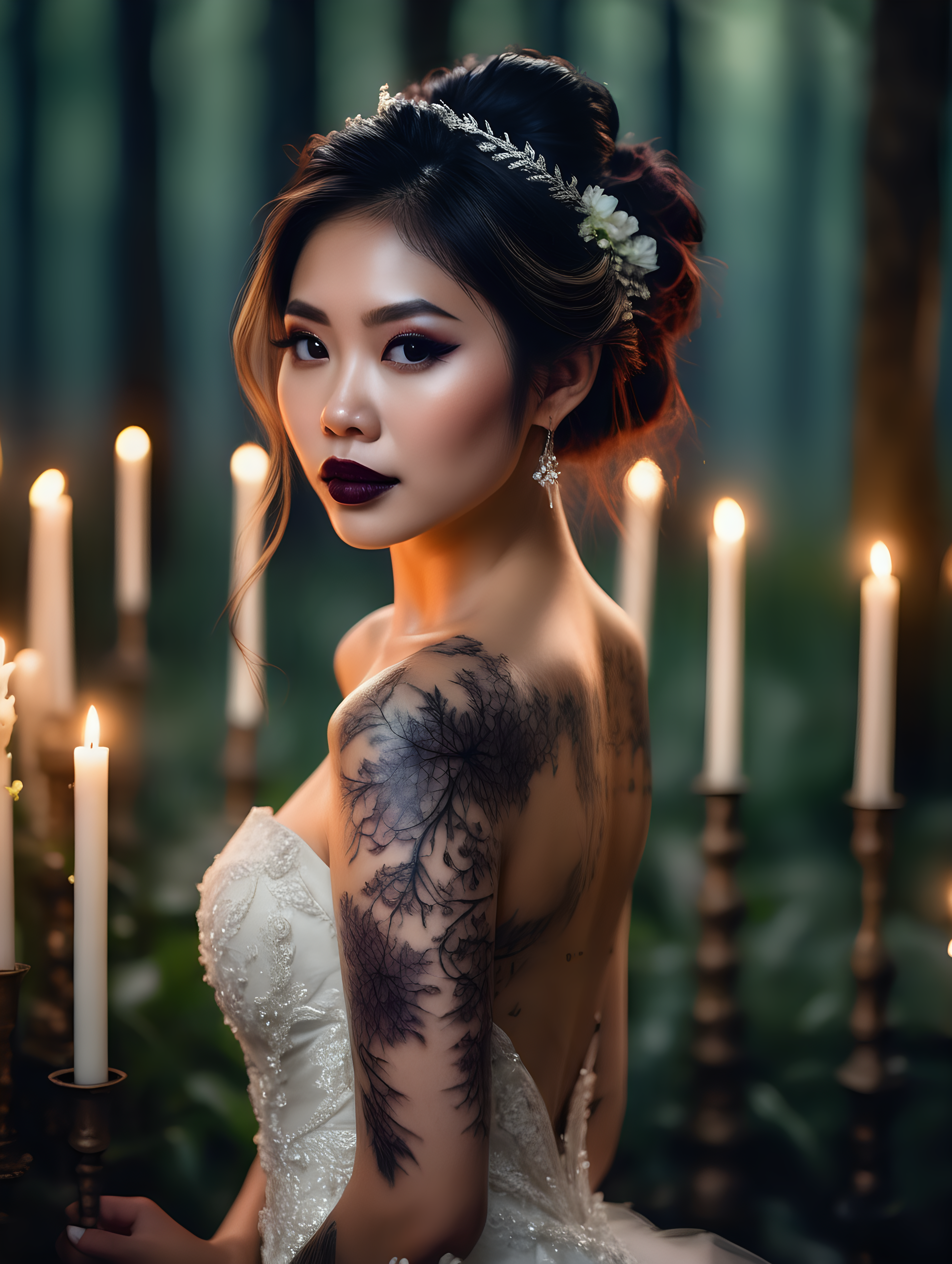 Beautiful Vietnamese
woman, body tattoos, dark
eye shadow, dark lipstick, hair in a messy updo, wearing a gorgeous wedding dress, bokeh background, standing in front of elaborate candlelit forest wedding, photorealistic, very high detail 