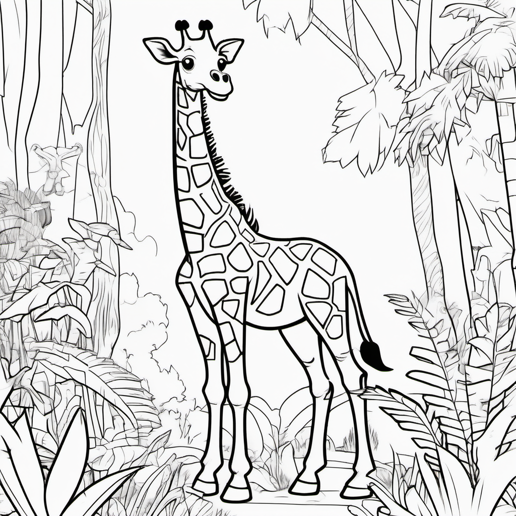 /Imagine colouring page for kids, Giraffe rex in a jungle, cartoon style, Thick Lines, low details, no shading --ar 9:11