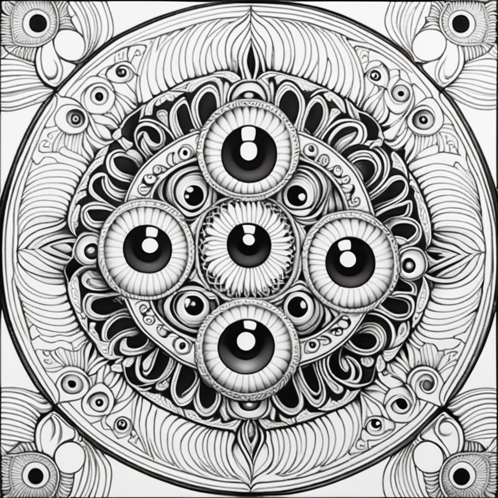 adult coloring book, black & white, clear lines, detailed, symmetrical mandala made of eyeballs