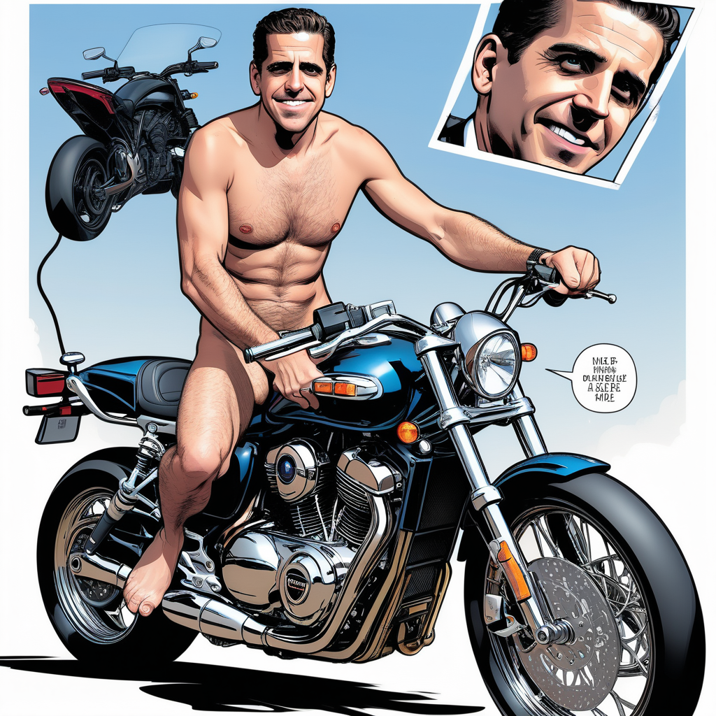 ((Hunter Biden)+ riding a motorcycle (naked)++))+ in the style of (comic book)+
