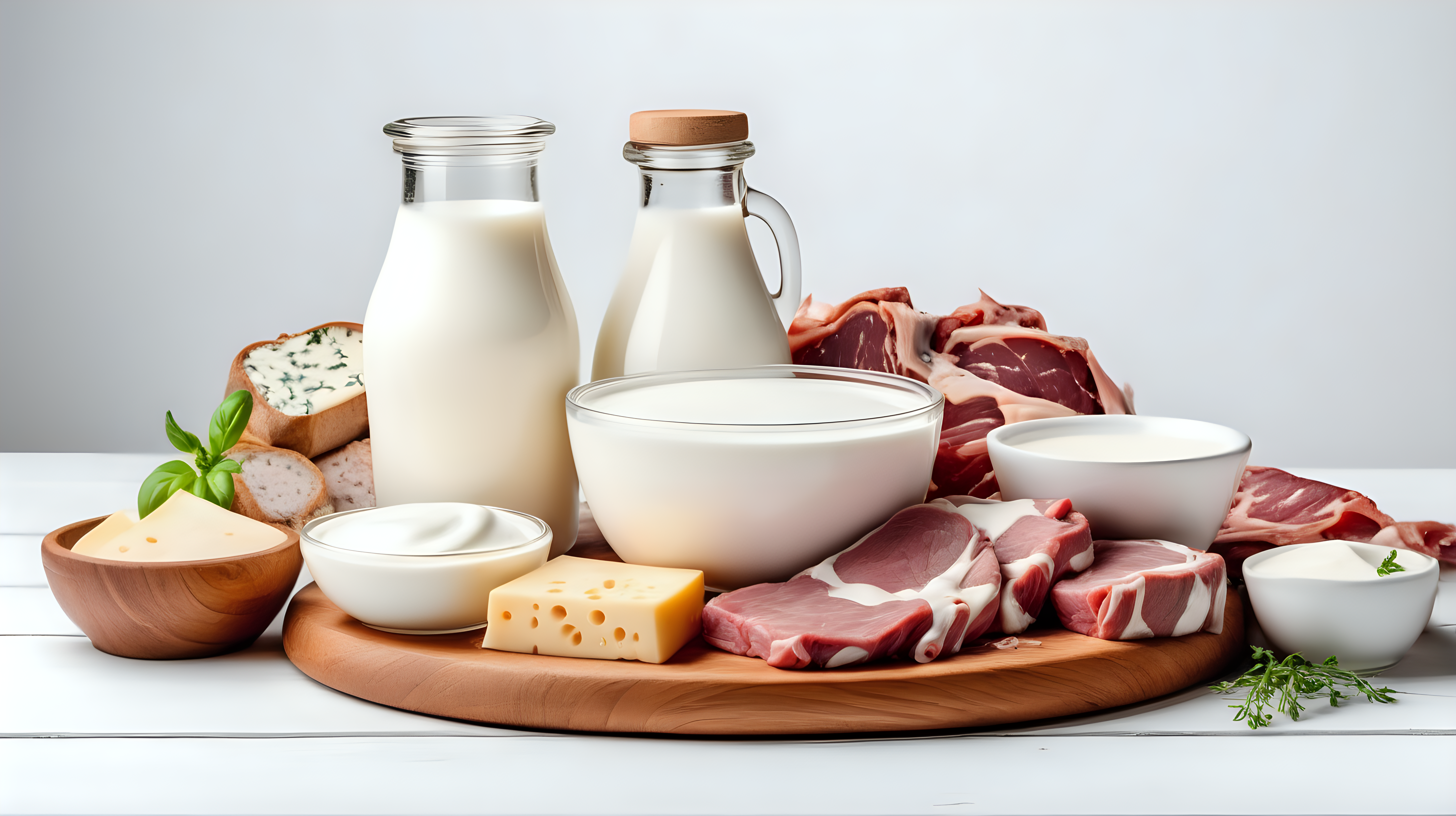 product of goat, milk, meat, cheese, yogurt on wooden table, isolated on white background, copy space