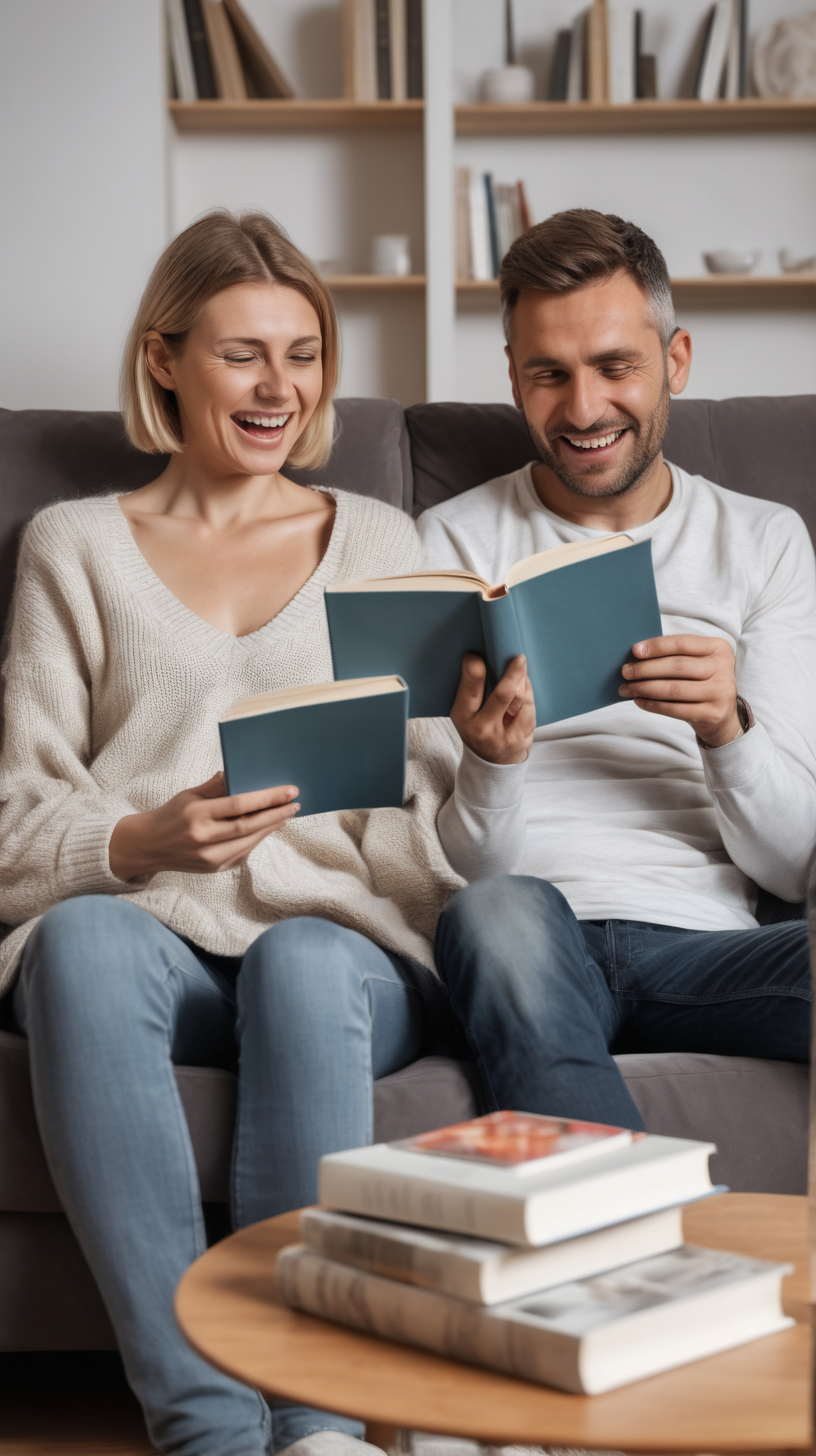 man and woman sitting on the sofa, the woman is reading a book and the man is watching tv, they are both very happy