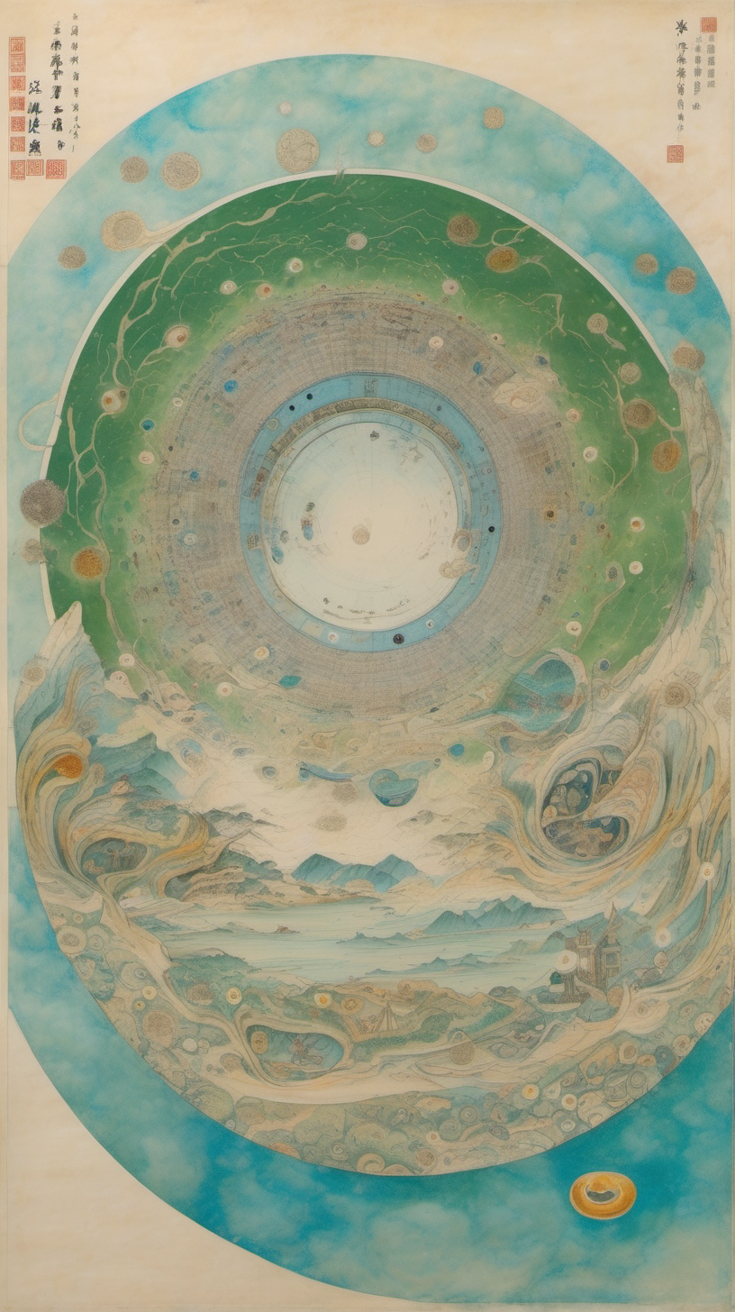 chinese gongbi drawing, with traversable wormhole, other worldly scenery, cosmos, quail eggs, greenblue mountain, underground 