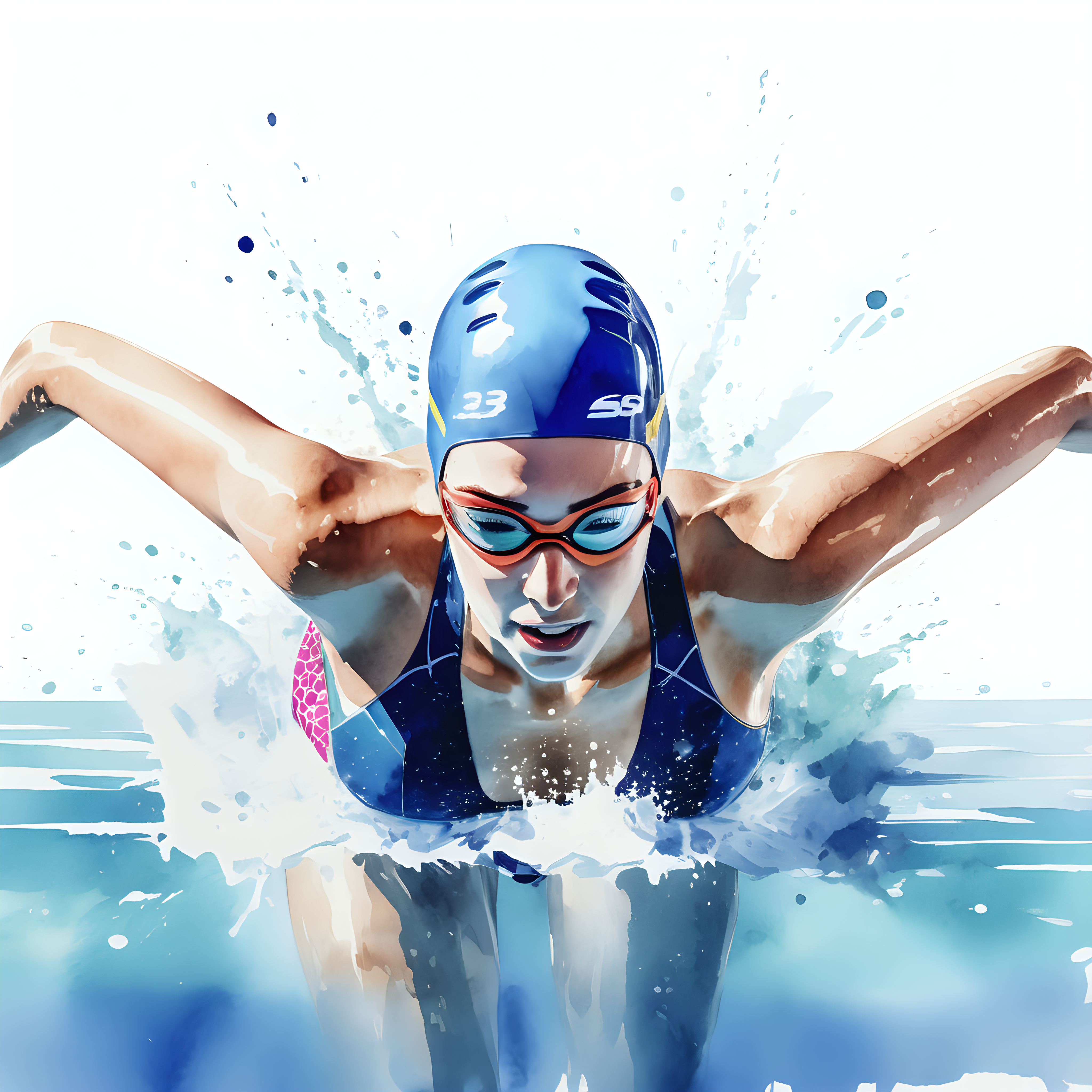 bílé pozadí_sportovec_žena_plavání_soutěž_bazén_ realná animace_akvarel barvy
