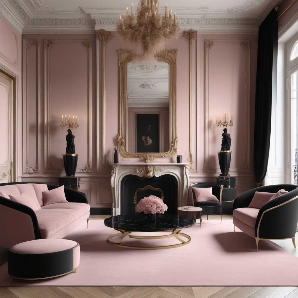 a hyperrealistic image of a palatial Modern Parisian   in a beige oak brass dusty rose and black colour palette