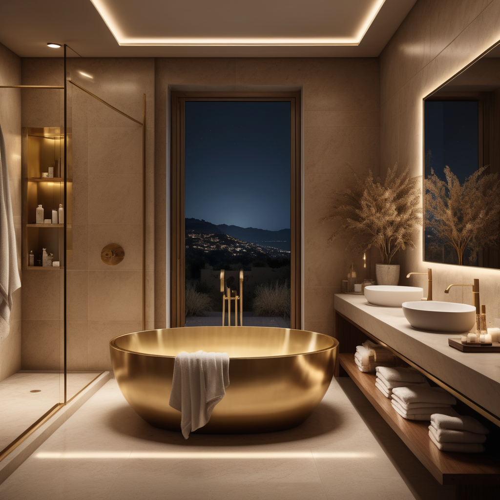 a hyperrealistic image of a grand Modern Meditteranean estate home bathroom; Beige, oak, brass colour palette; at night with mood lighting;
