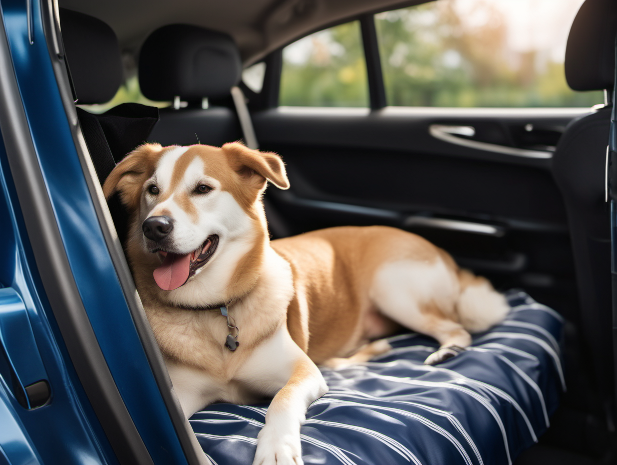 Create an image of a dog relaxing on the back seat of a car. The back car seat is protected with a car seat cover. The cover color is dark blue. The dog is of a large size, looks happy and relaxed, with the tongue out, laying on the mat sideways to the camera, looking to the right, turned away from the camera. The color of dog is beige. The weather outside is bright and sunny.