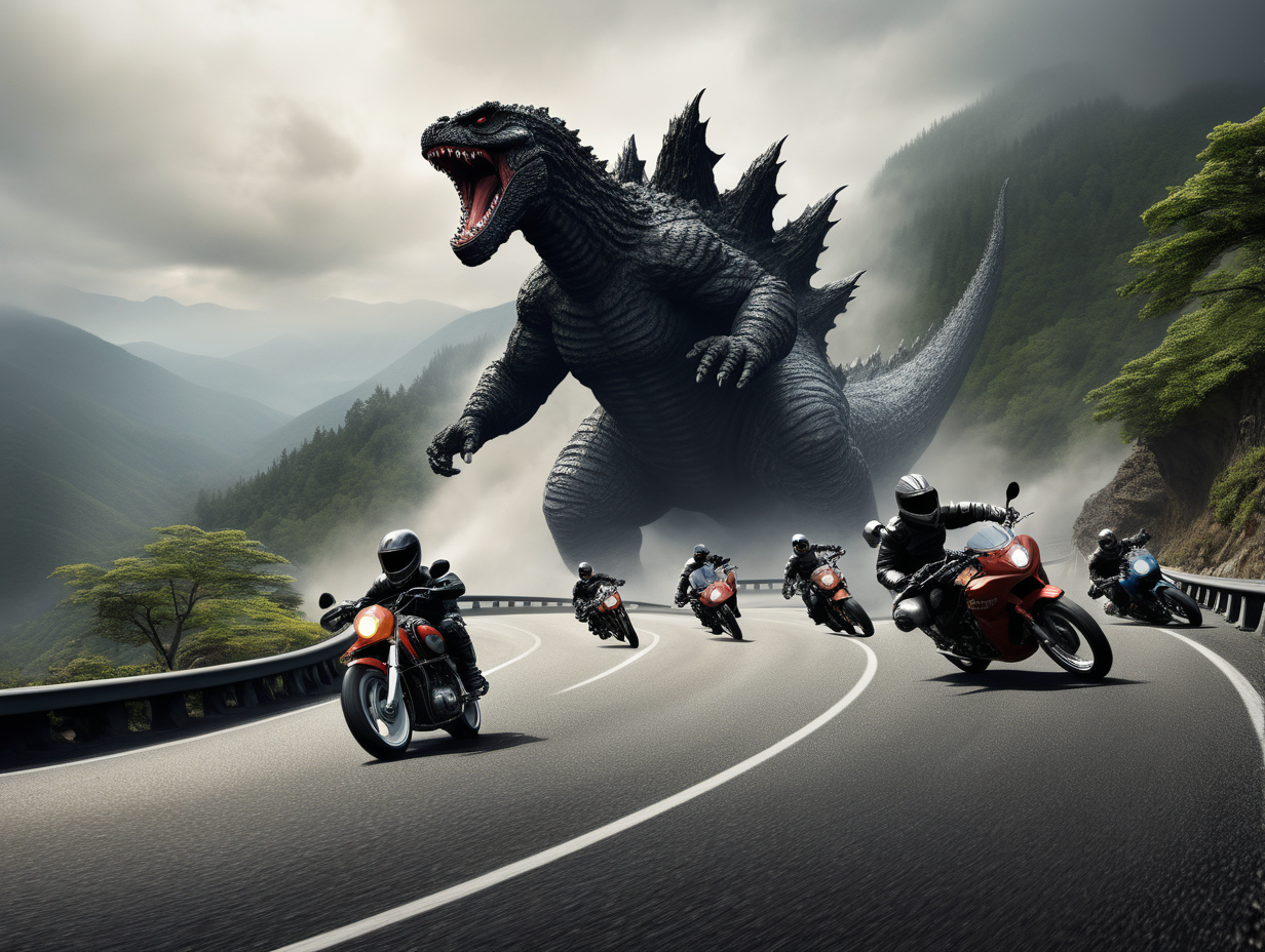 Motorcycles race on winding mountain road chased by Godzilla