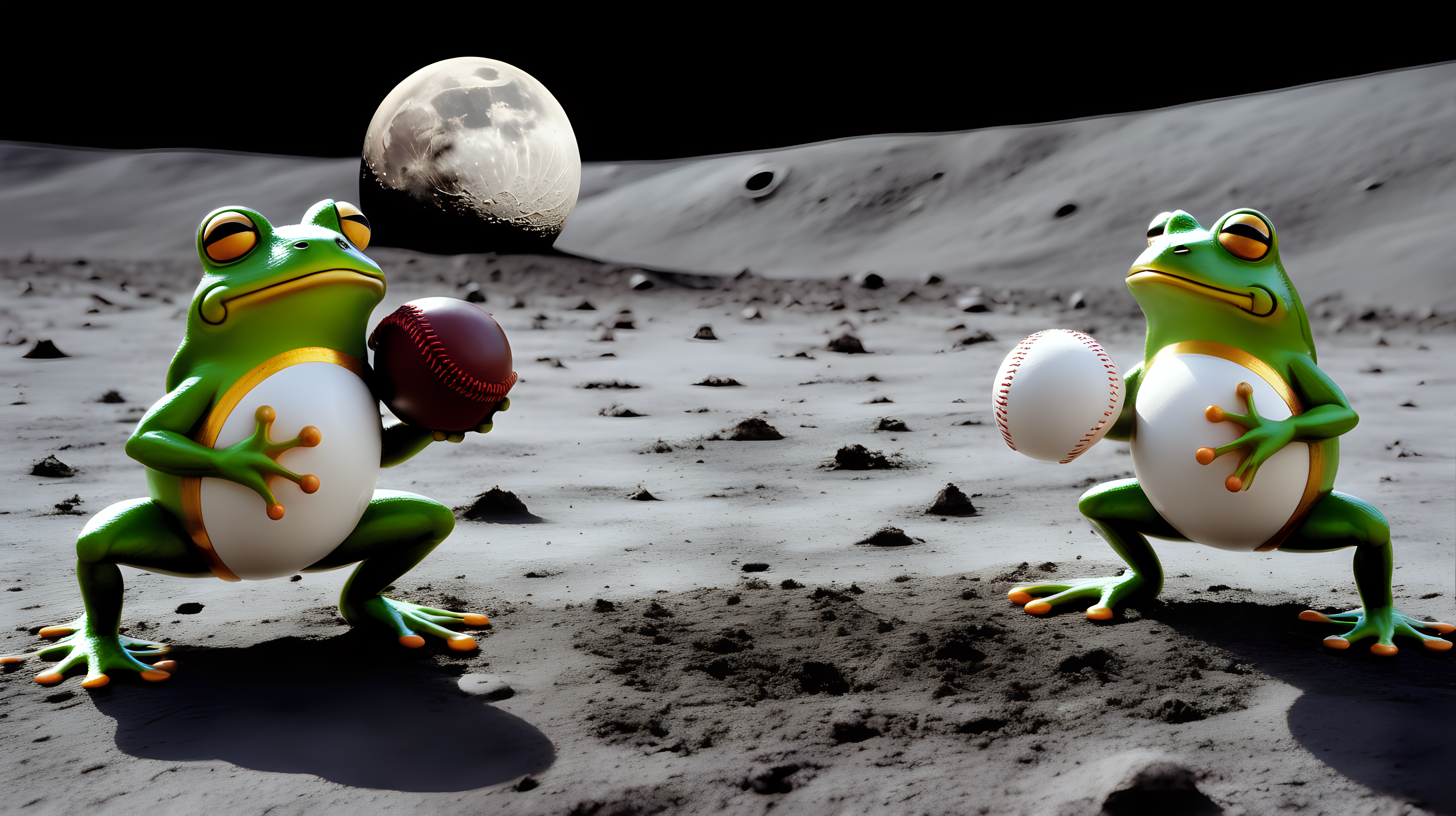 frogs playing baseball on the moon