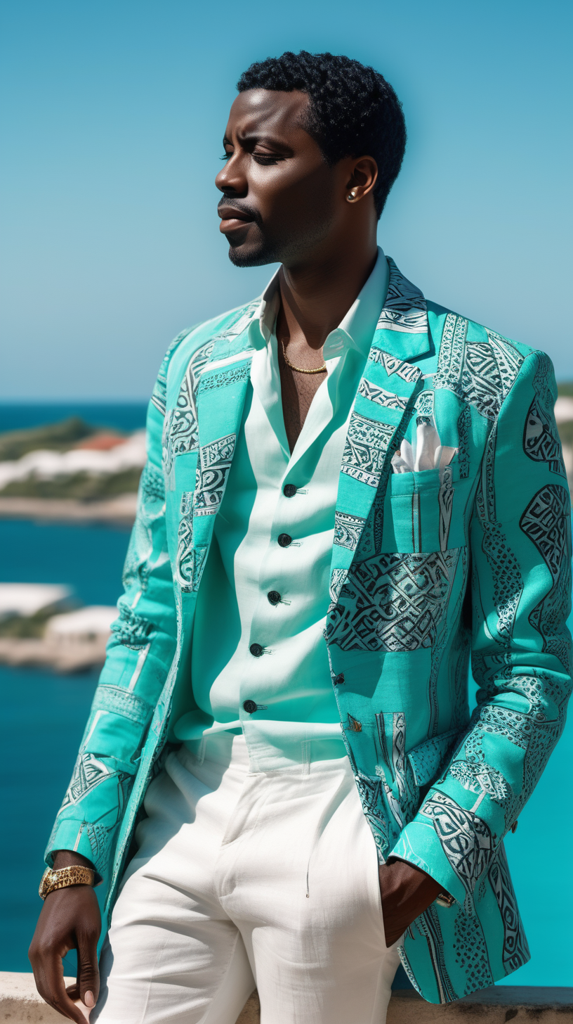  Sexy, beautiful, black man wearing short, black hair, wearing, Aqua African print, smokers jacket, wearing, white, linen trousers, sunny Island in the background, 4k, high definition, full resolution, replicated