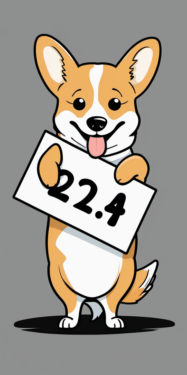 cute cartoon whole bodied corgi holding a sign that say 2024 with a black back ground 