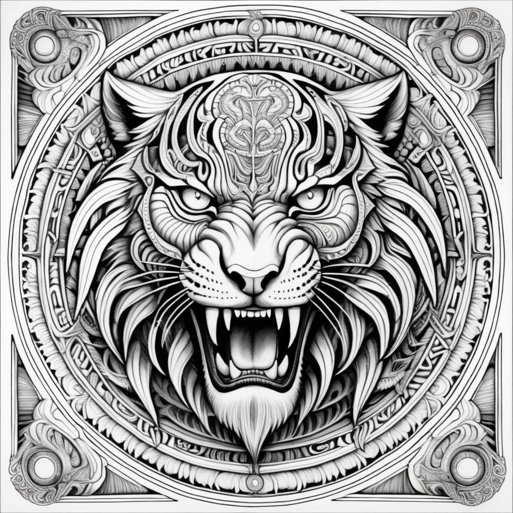 black & white, coloring page, high details, symmetrical mandala, strong lines, sabretooth tiger with many eyes in style of H.R Giger