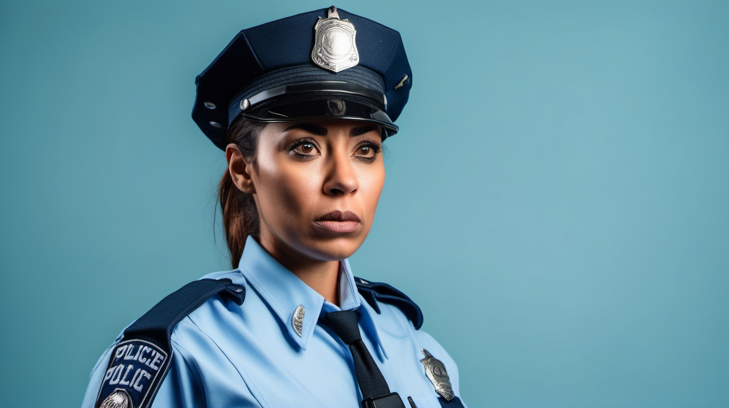 (A confused female police officer in a light blue uniform, facing straight at the camera with visible anger and frustration against a solid neutral-colored background), (Canon EOS R5 with a 50mm f/1.2 lens), (Harsh, stark lighting casting sharp shadows to emphasize the officer's intensity), (Candid-style photography capturing raw emotion and tension)."