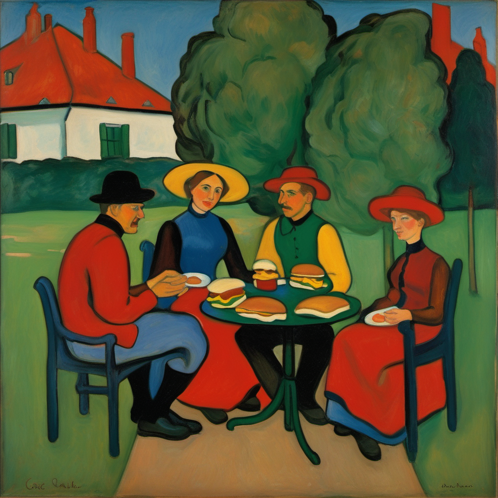 Two men and two women sitting in Gabriele Münter's garden eating burgers, Gabriele Münter oil painting