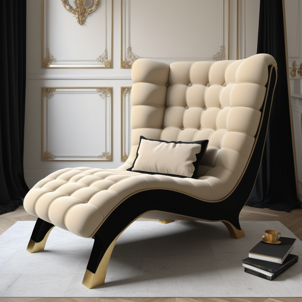 a hyperrealistic image of a grand modern Parisian high chair; beige, brass, black colour palette