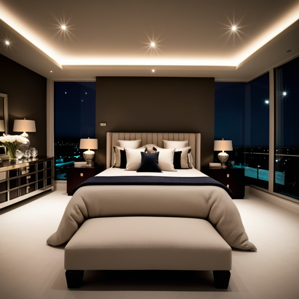 luxury master bedroom with chopped cushions at night