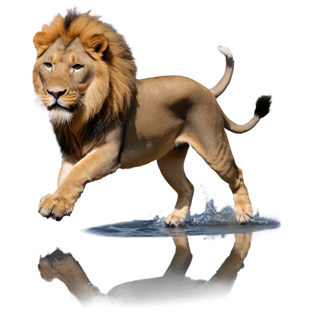 a lion jumping over the water
\