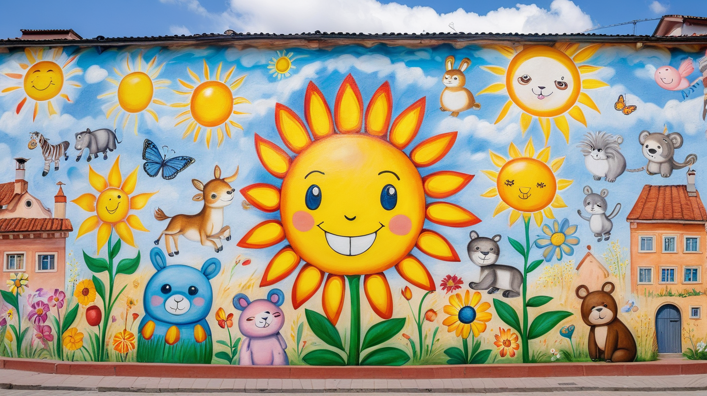 big mural in the center of the town painted by a little girl. The mural include sun, flower and smiling animals.