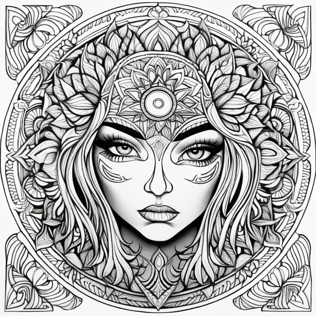 adult coloring book, black & white, clear lines, detailed, symmetrical mandala furious woman face 