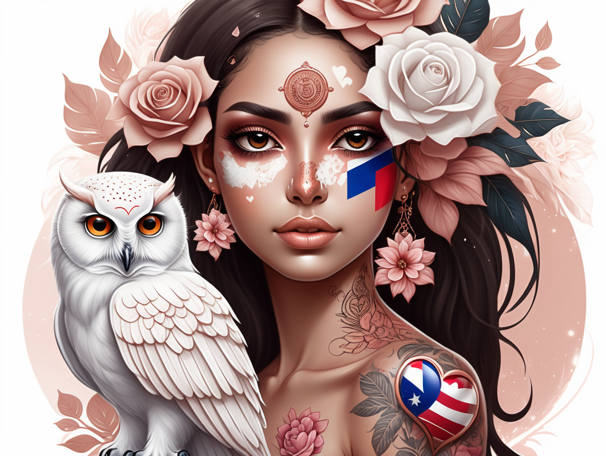 abstract exotic Hispanic skin with floating crystal balls in rose gold wearing a Dominican Republic flag
 looking at a white owl with love she has tattoos and soft color flowers in there hair