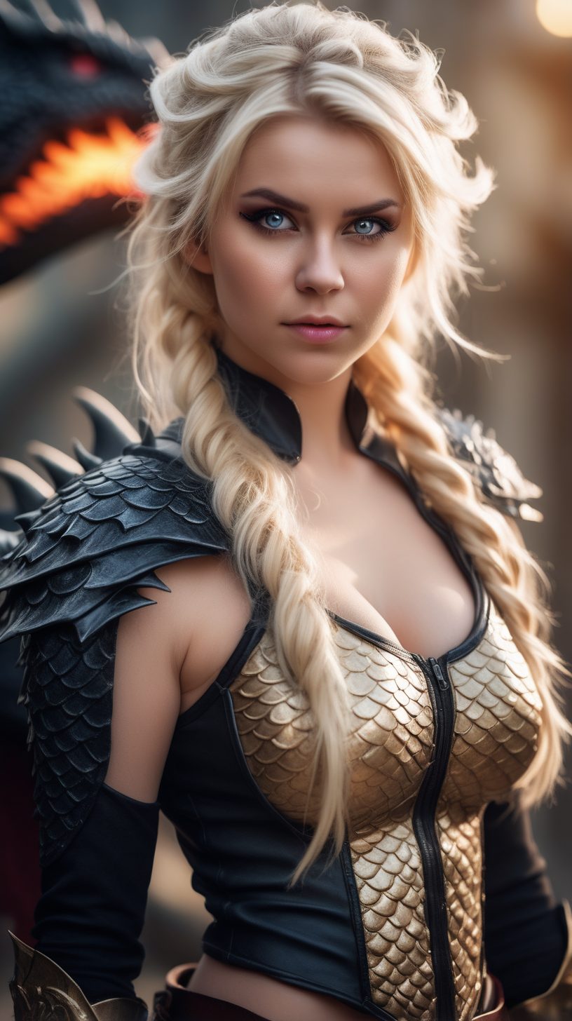 Beautiful Nordic woman, very attractive face, detailed eyes, big breasts, dark eye shadow, messy blonde hair, wearing a  dragon rider cosplay outfit, bokeh background, soft light on face, rim lighting, facing away from camera, looking back over her shoulder, standing in front of a dragon, photorealistic, very high detail, extra wide photo, full body photo, aerial photo