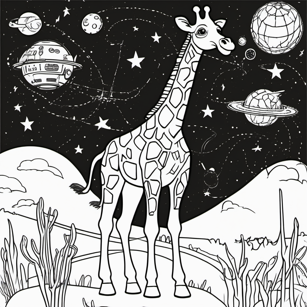 imagine colouring page for kids Giraffe Cosmic Adventure
