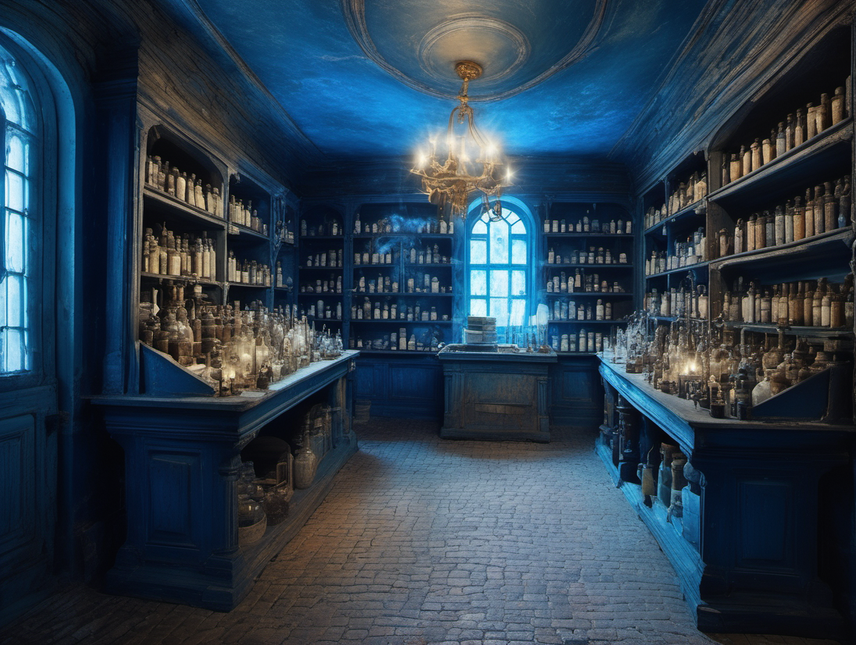 view of old apothecary with alchemy cinematic film style dreamy dreamcore fantasy blue muter Colors leading lines hour