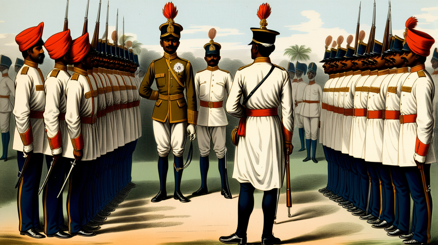 Indian soldiers of east india company is being trained by British officer at Vellore India Madras presidency