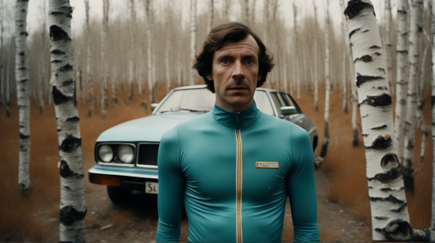 high quality cinematic medium wide, phot-real, portrait of a man standing in a birch forest, looking into camera, wearing a lycra road cycling outfit from the early 1980s, there is a rusted, dilapidated old car far in the background, in the style of a wes anderson film