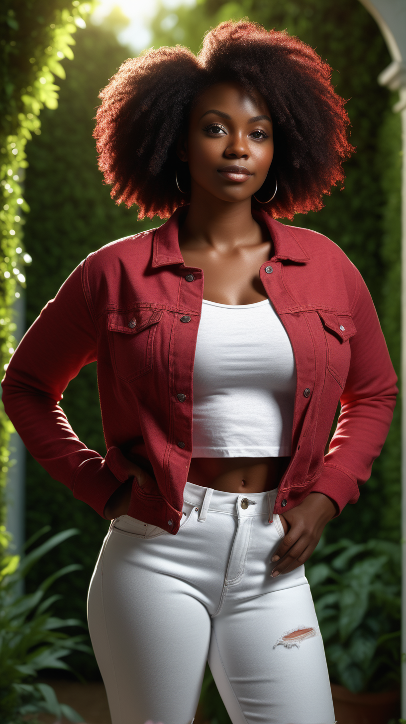 A beautiful, Black woman, standing against a lush garden background, Facing the camera straight ahead, wearing a Heather Red, long sleeve, tee shirt, wearing a white, denim jacket, lighting is over the left shoulder, from behind, pointing down ultra 4k render, high definition, deep shadows