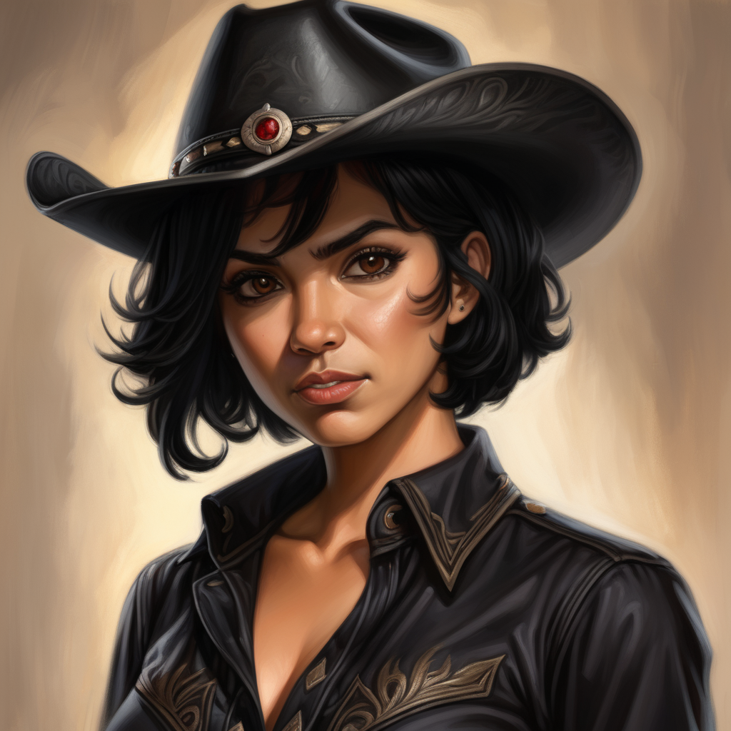 black cowboy hat, black hair, short hair, brown eyes, evil, Latina, female, mature, semi realism, western