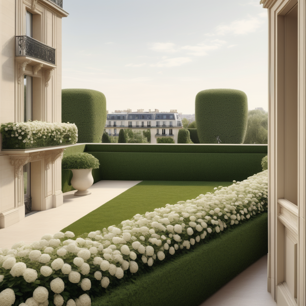 a hyperrealistic of a view from the balcone of a grand modern Parisian home of the home, looking over the sprawling lawns and elegant gardens of white flowers and manicured hedges, in a beige oak brass colour palette --no visible homes nextdoor
