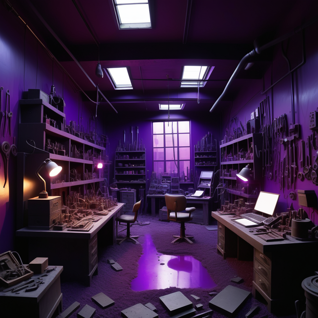 Evoke an image of a vibrant workshop nestled within a dystopian cityscape. The room is awash in a deep purple glow, casting an enigmatic and entrancing aura. Within this workshop, an assortment of mechanical devices, small trinkets, and well-worn iron tools creates a dazzling, almost surreal spectacle of color. The deep purple lighting accentuates these vibrant elements, imbuing them with a rich, captivating radiance. There's no place for screens or digital distractions here; the workshop celebrates its raw, lively, and well-lived character. It's a haven where creativity flourishes amid the dynamic, kaleidoscopic chaos of the urban backdrop.