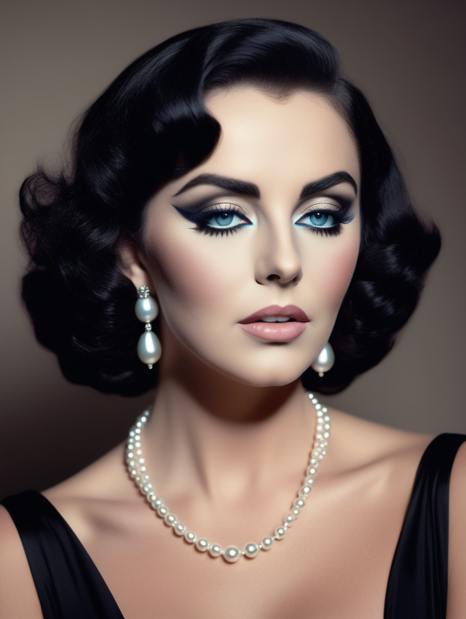 a close up of a nude woman with a black dress and a pearl necklace, perfect colorful eye shadows, inspired by liz taylor, perfect body face and hands, profile picture, images on the sales website, beautiful android woman, muted colour