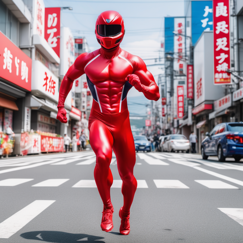 muscular man, full body red fruits skintight suit, closed sentai helmet with visor, high speed sprinting, shooting red energy blast, street, Japan, day