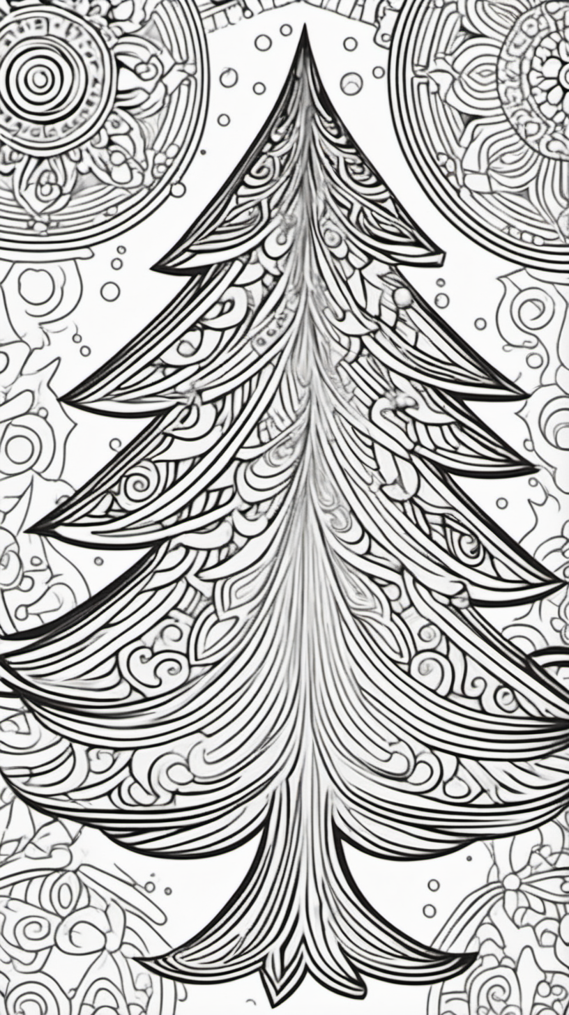 christmas tree, mandala background, coloring book page, clean line art, no color