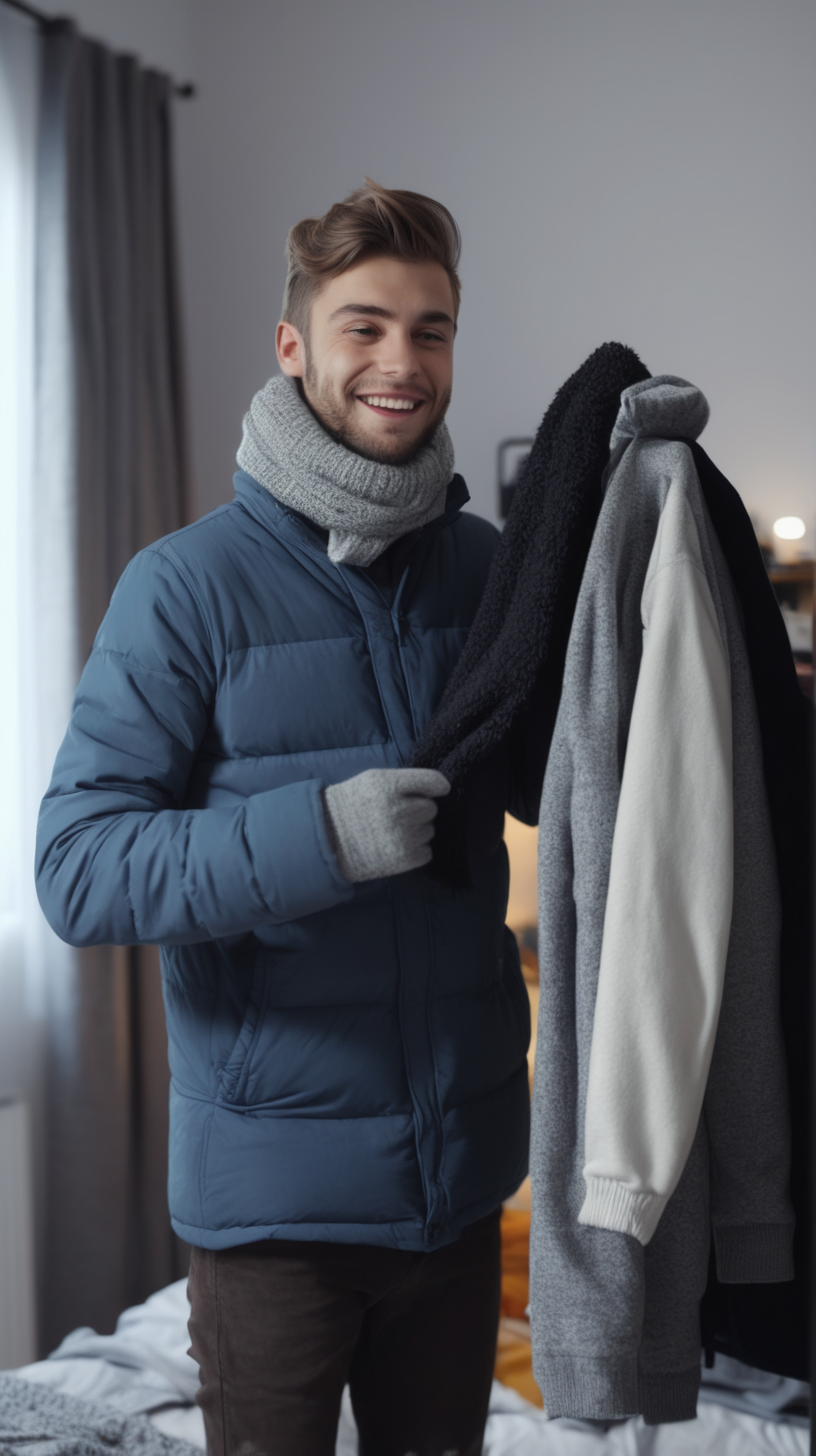 young man in his room putting his winter clothes on looking happy 4k
