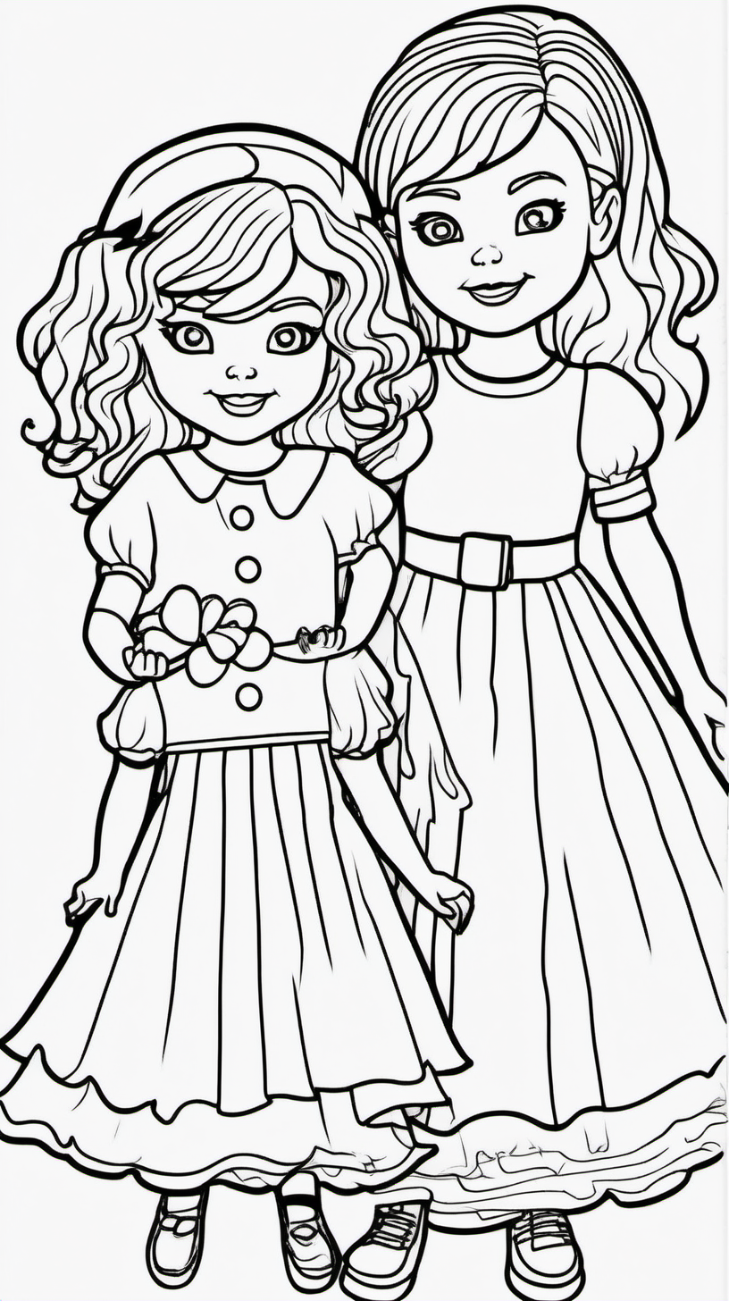 A children's coloring book about a white girl holding a doll and a girl celebrating Halloween happily. 80 pages. The background is in white color and without shadow and the black drawing is a fine line.