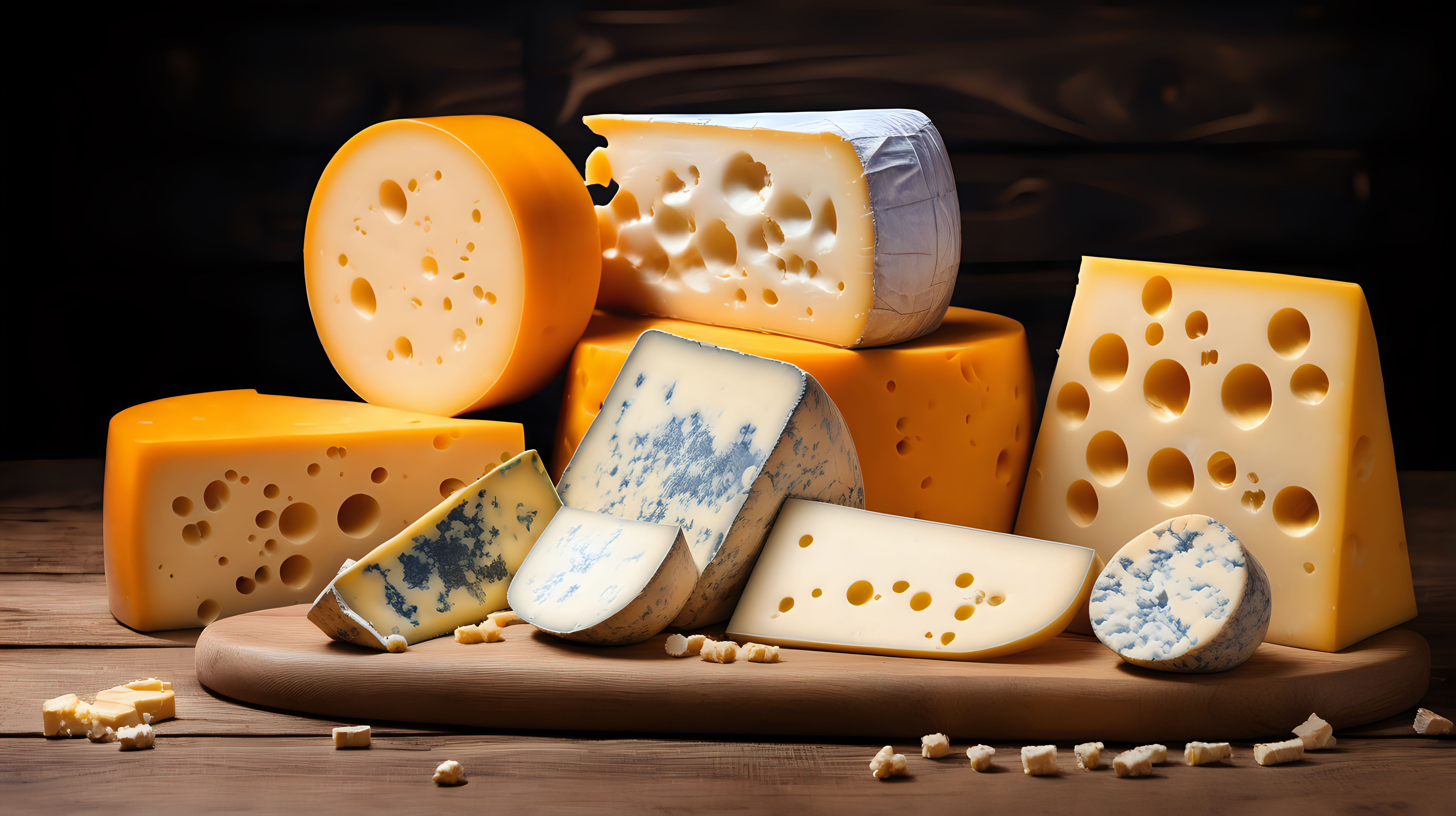 cheese shop, type of cheese, circles, halves, quaters of cheese on wooden table, isolated on background